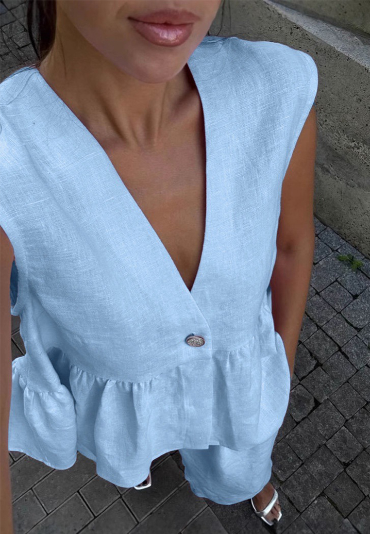 Cotton V-neck sleeveless top and pink pants set CA25042238PI