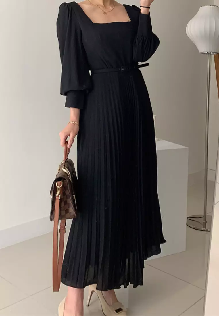 French square neck long sleeved pleated dress CA24092722BK