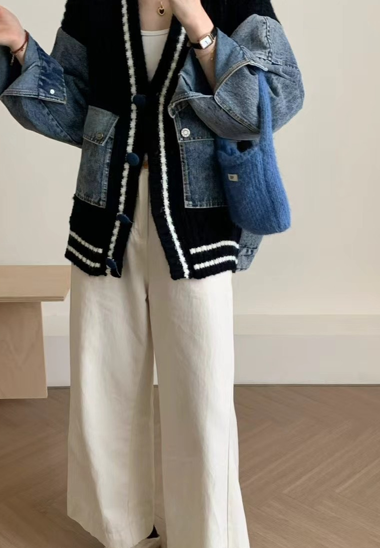 Temperament new denim splicing knitted jacket Cardigans K121001BL