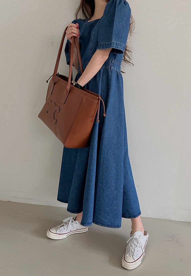 Korean summer retro square neck slimming bubble sleeve dress CA25032725BL