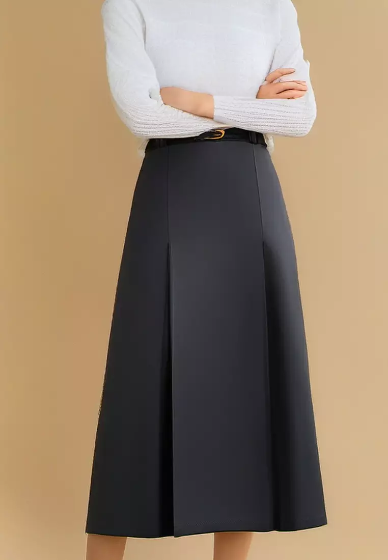 Temperament new high waist slit pleated skirt belt suit skirt K1021011BK