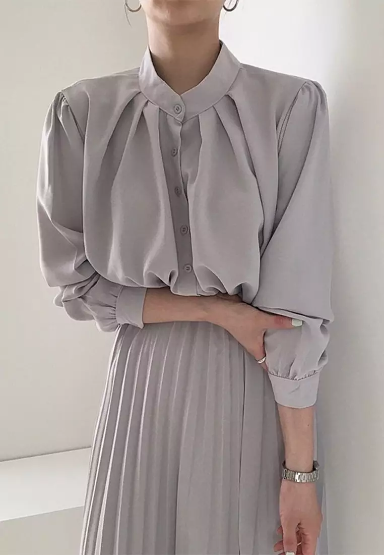 Korean bubble sleeve pleated stand up collar lace up dress CA24092714BK