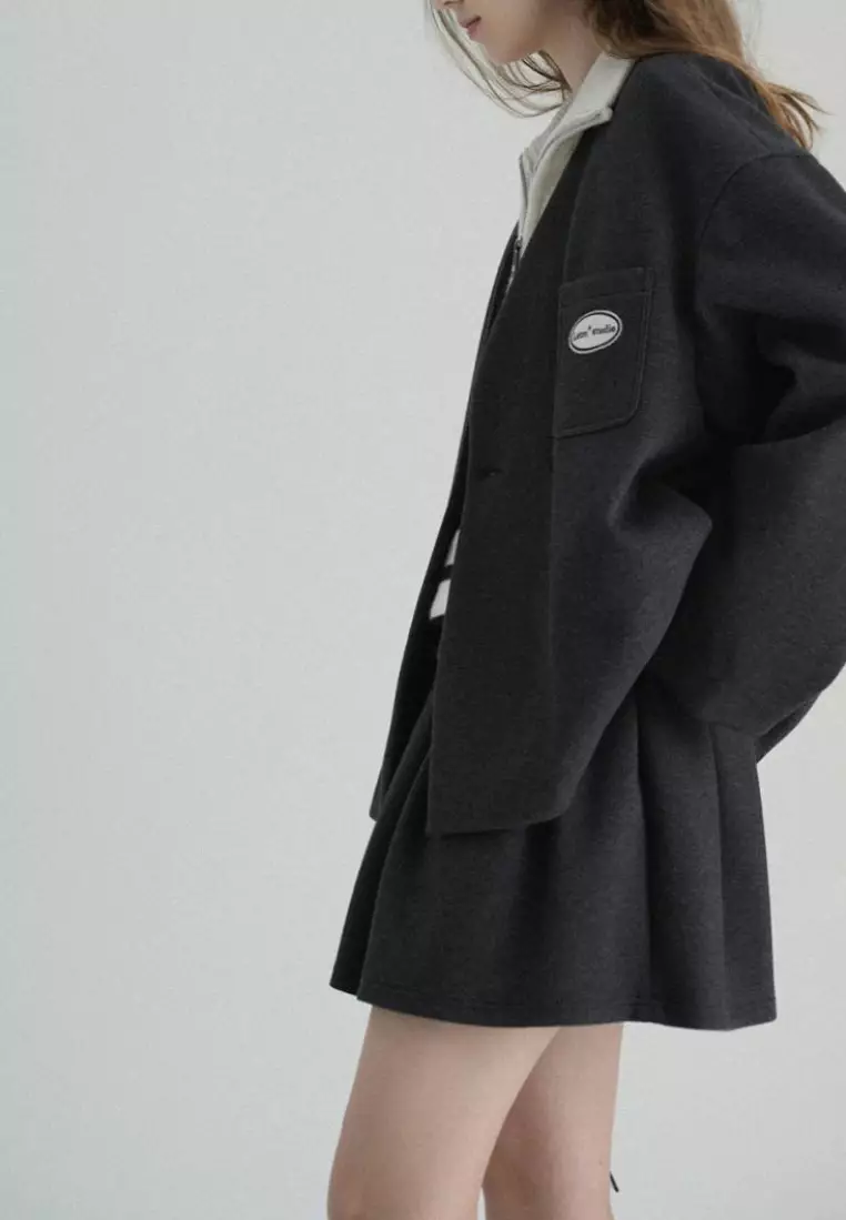 New college style double-breasted V-neck blazer pleated dress set K102308BK