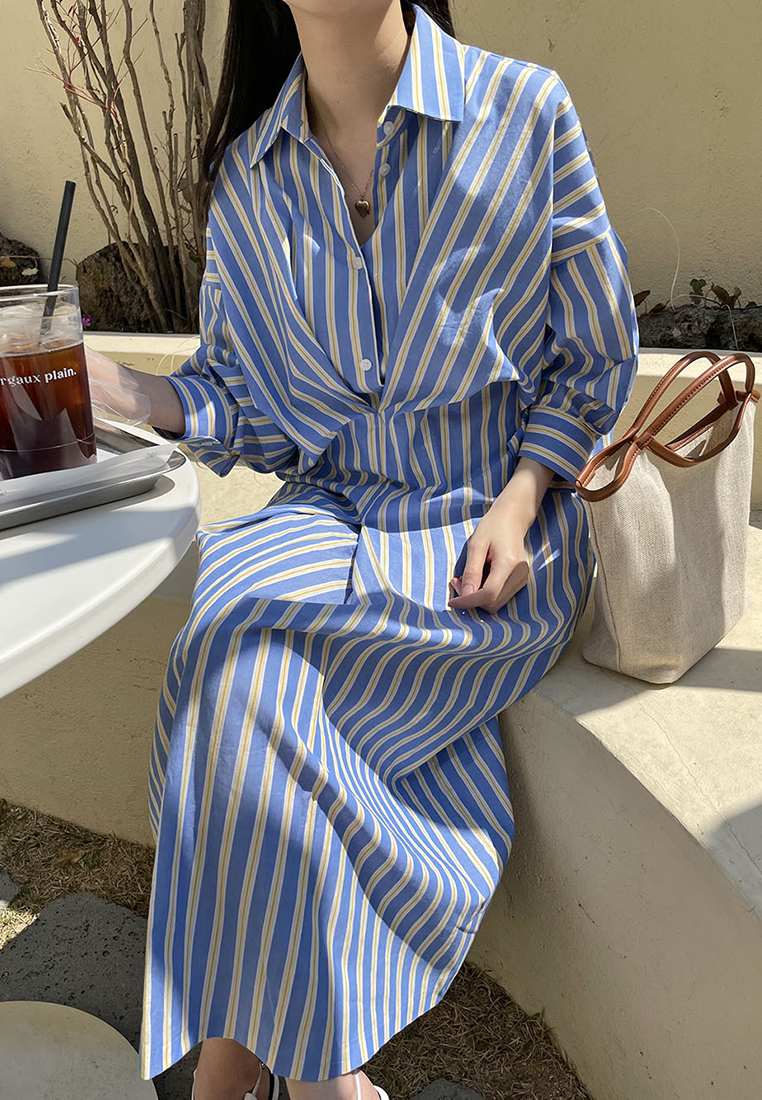 2024 new style striped pleated design long-sleeved shirt dress K092702-BL