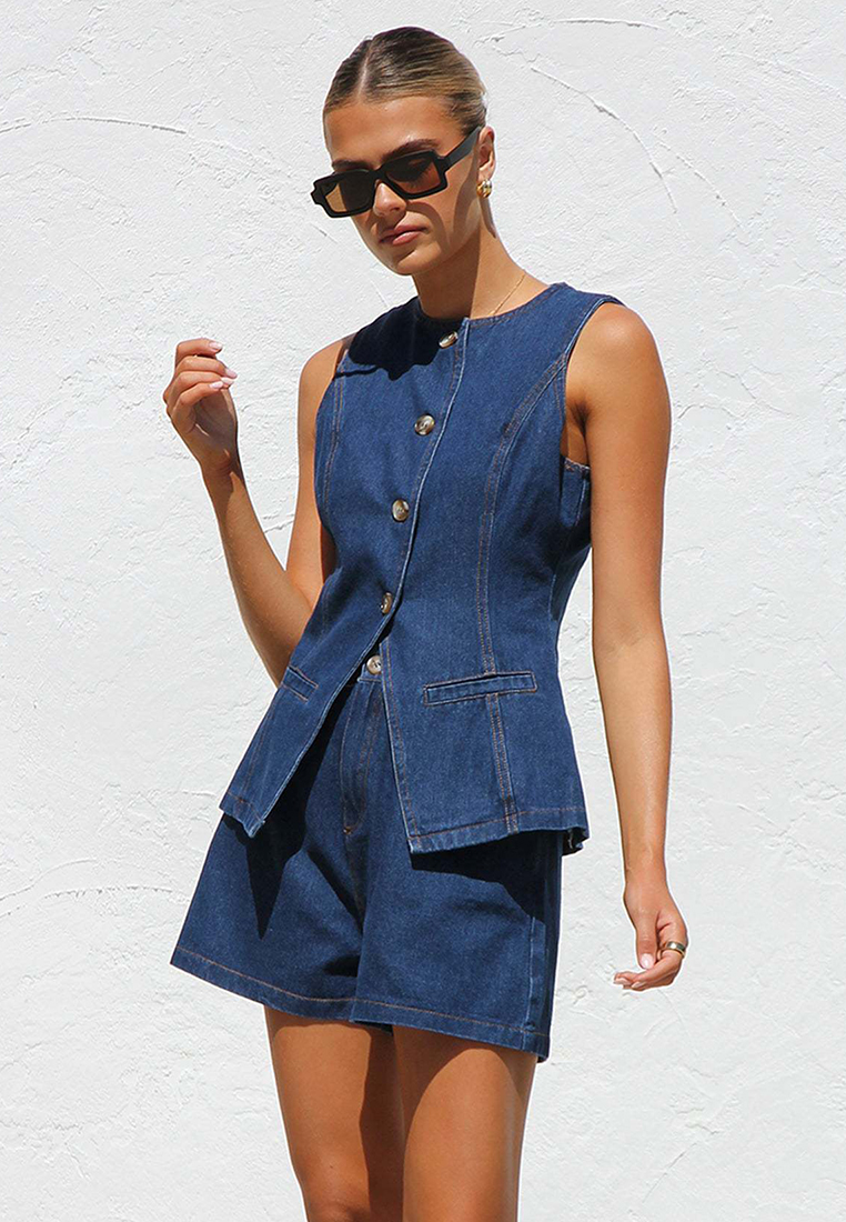 New Fashion Sleeveless Top High Waist Loose Denim Shorts Set CA25042268DGBL