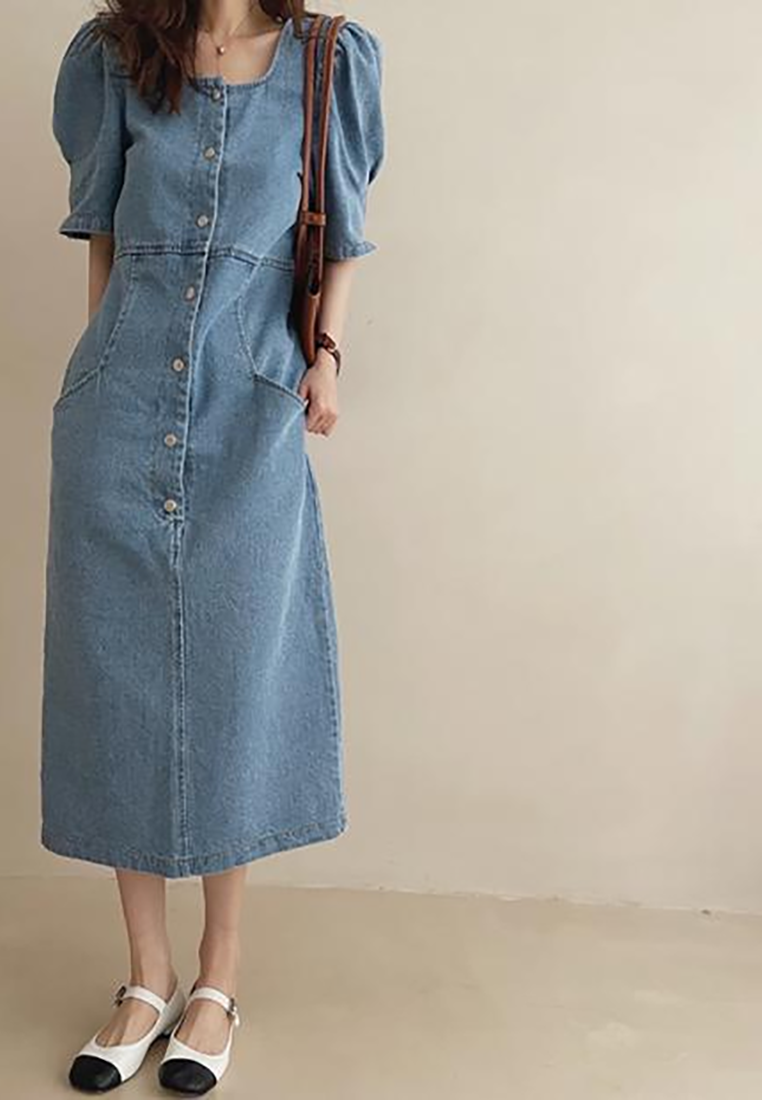 Vintage square neck single breasted long denim dress CA25021319DBL