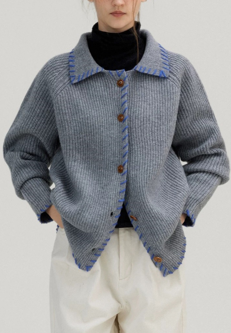 Temperament new contrasting color lapel knitted top Cardigans K120904BE