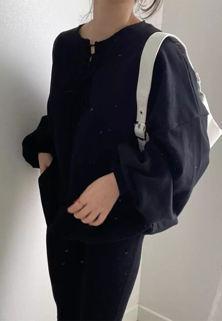 Vintage lace up lantern sleeve loose top CA24092514GY