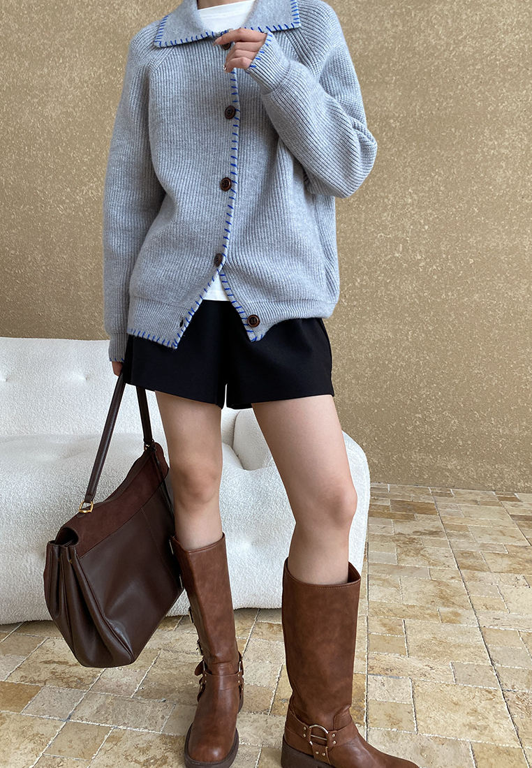 Temperament new contrasting color lapel knitted top Cardigans K120904BE