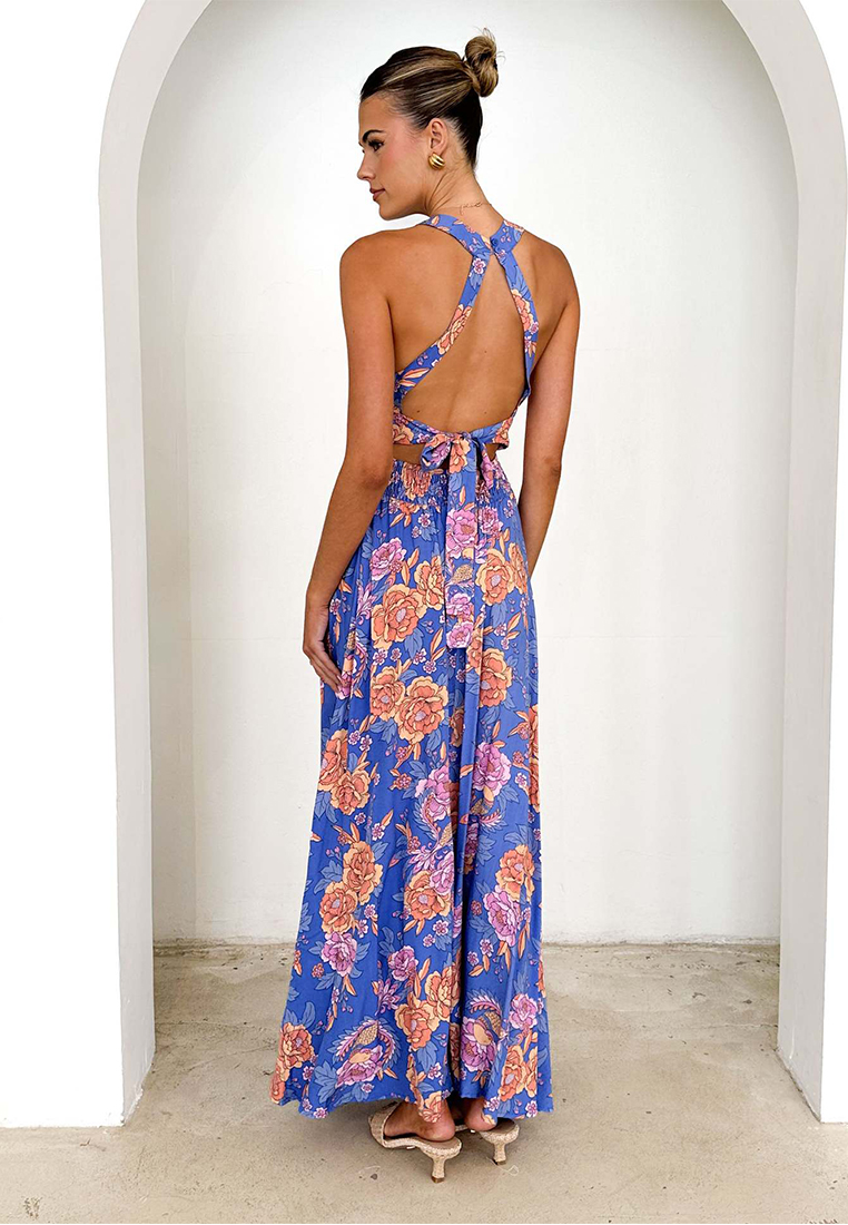 Printed high waisted backless floral dress CA25042269BL