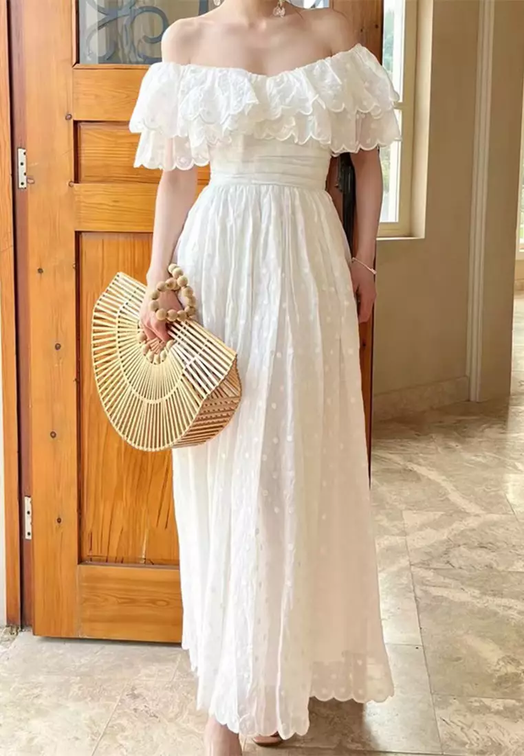 2024 white off shoulder lace dress CA24102534W