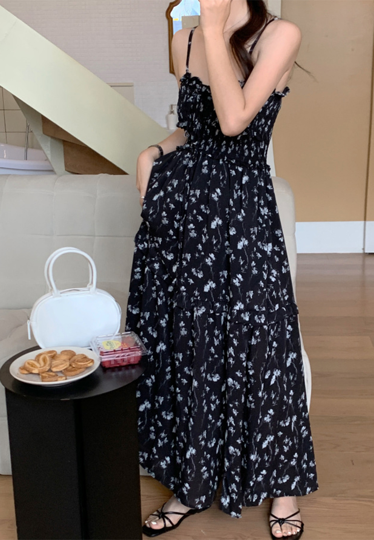 Retro square collar waist cinching floral suspender dress CA25032736YE