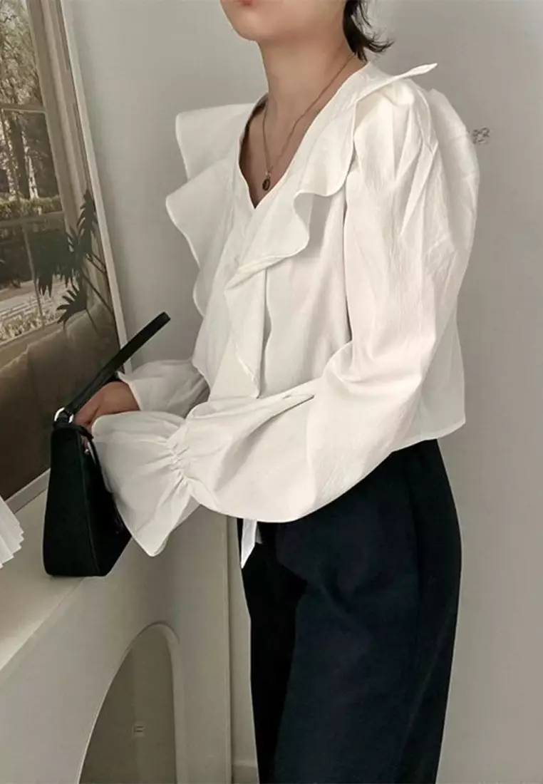 French fashion trumpet sleeve versatile top CA24092743BK