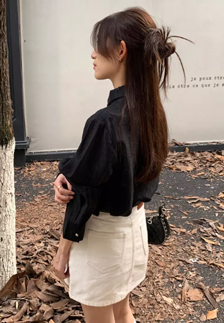 French style loose tie long sleeved top with tie CA24092369BK