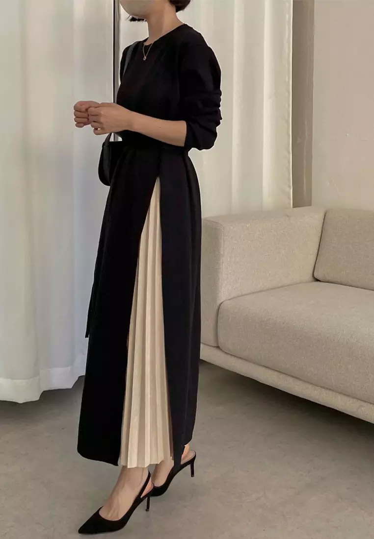 French elegant round neck patchwork lace up dress CA24092728BK