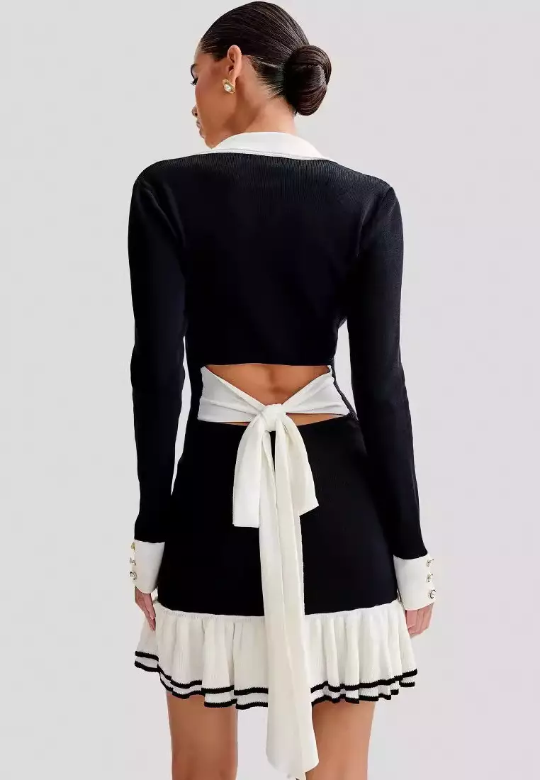 New elegant bow ruffle knitted long-sleeved women's dress K103105BK