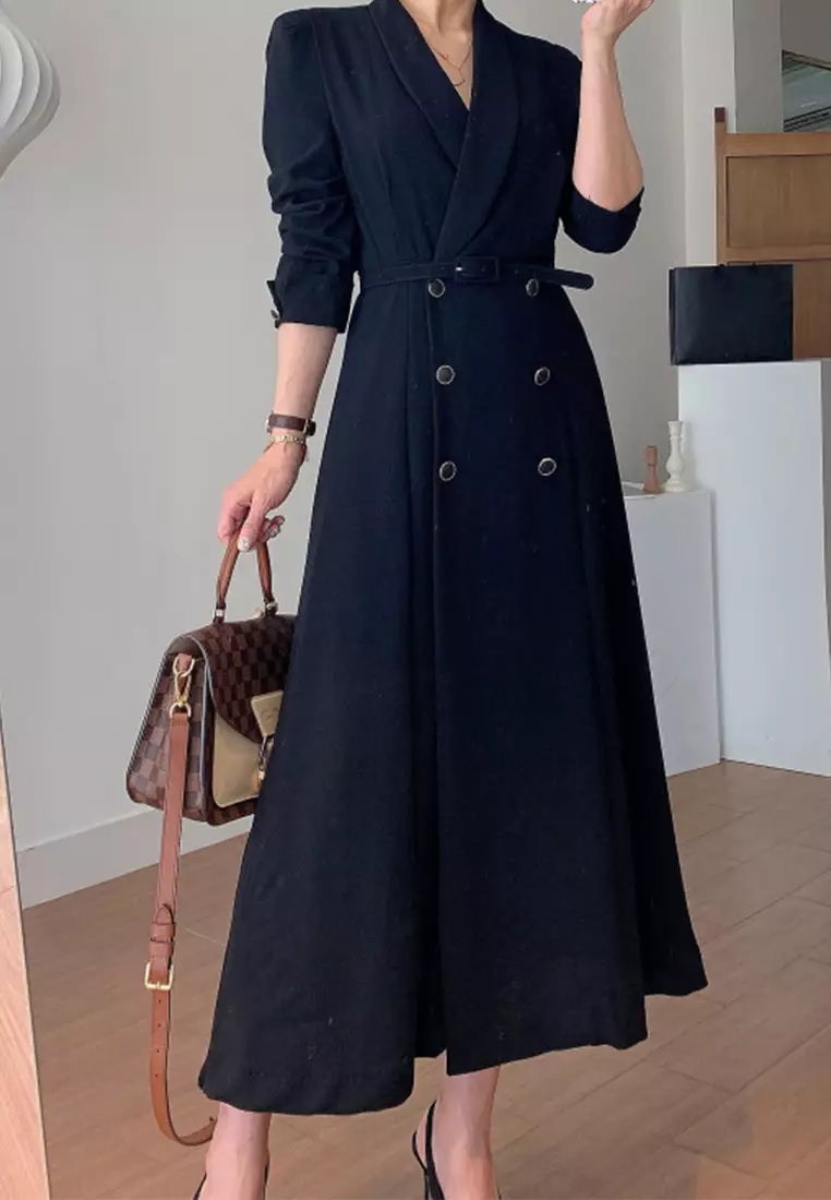 French style waist cinching solid color long dress CA24092723PI