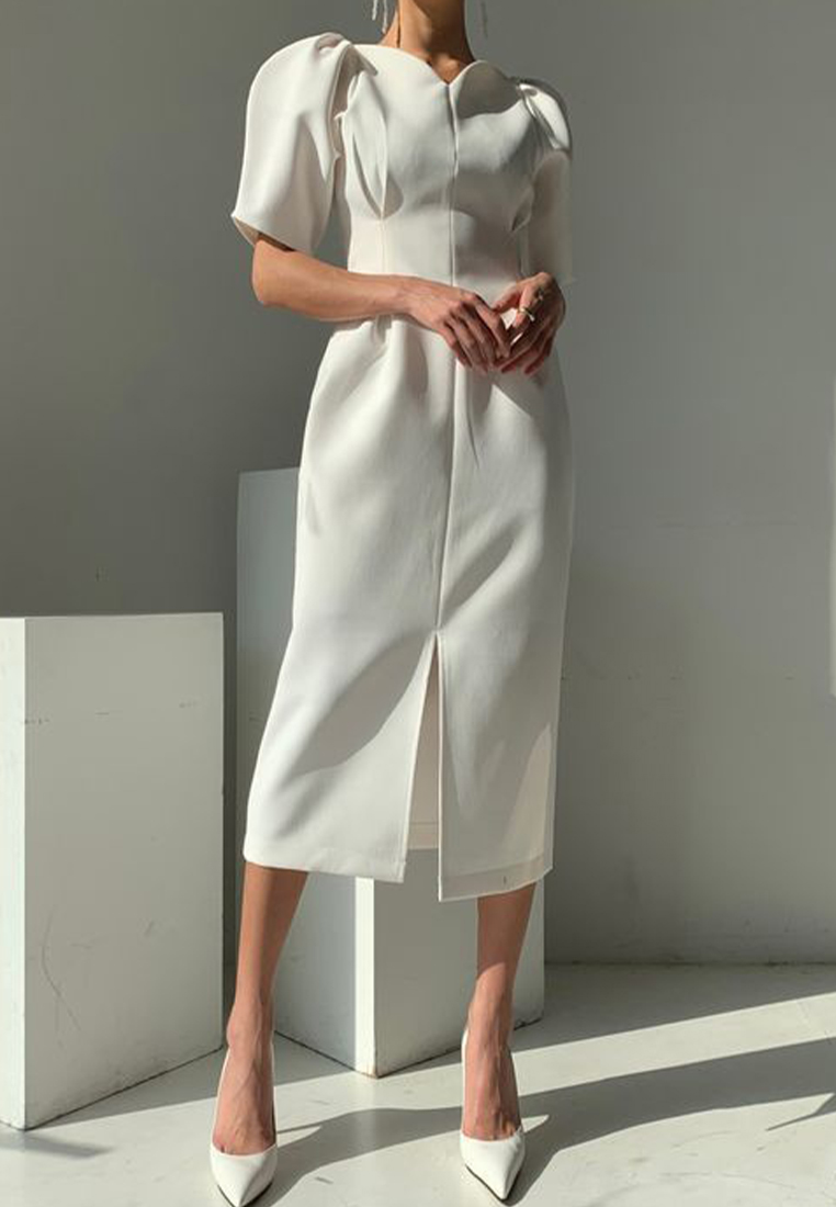 French V-neck solid color slit dress CA25032726W