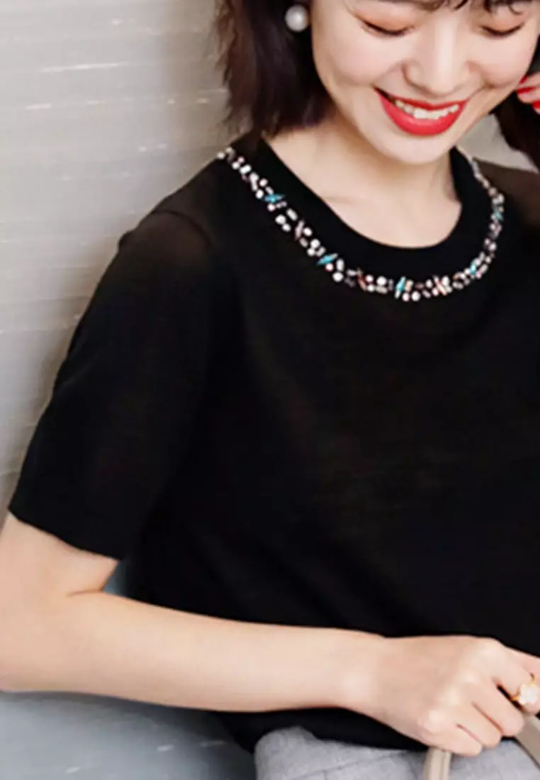 Korean Style Woolen Beaded Ultra-Thin Top A21031903BK