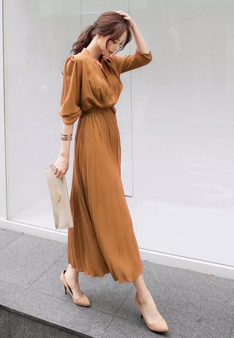 Chiffon long sleeved pleated dress CA24092744BW
