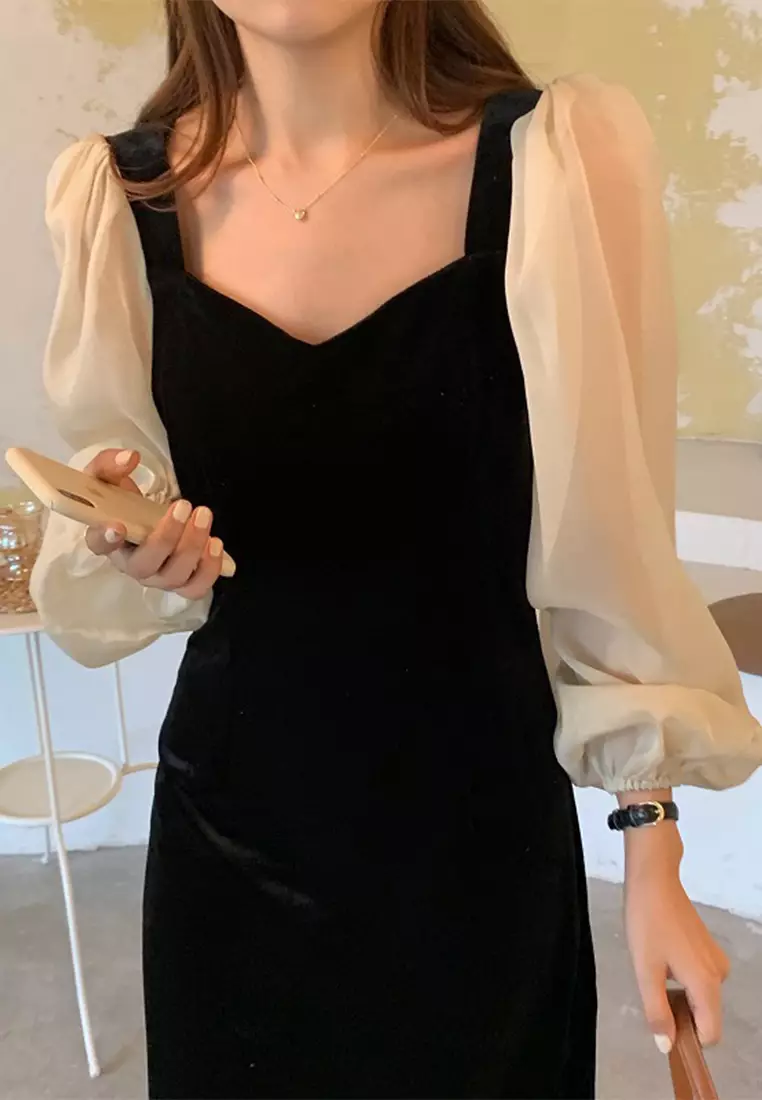 French lantern sleeve velvet waist cinched long sleeved dress CA24092716BK