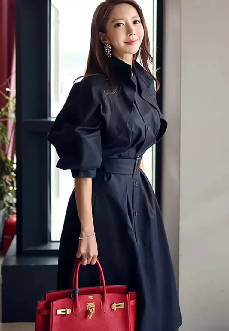 New temperament stand collar retro mid-length trench coat jacket dress K100305