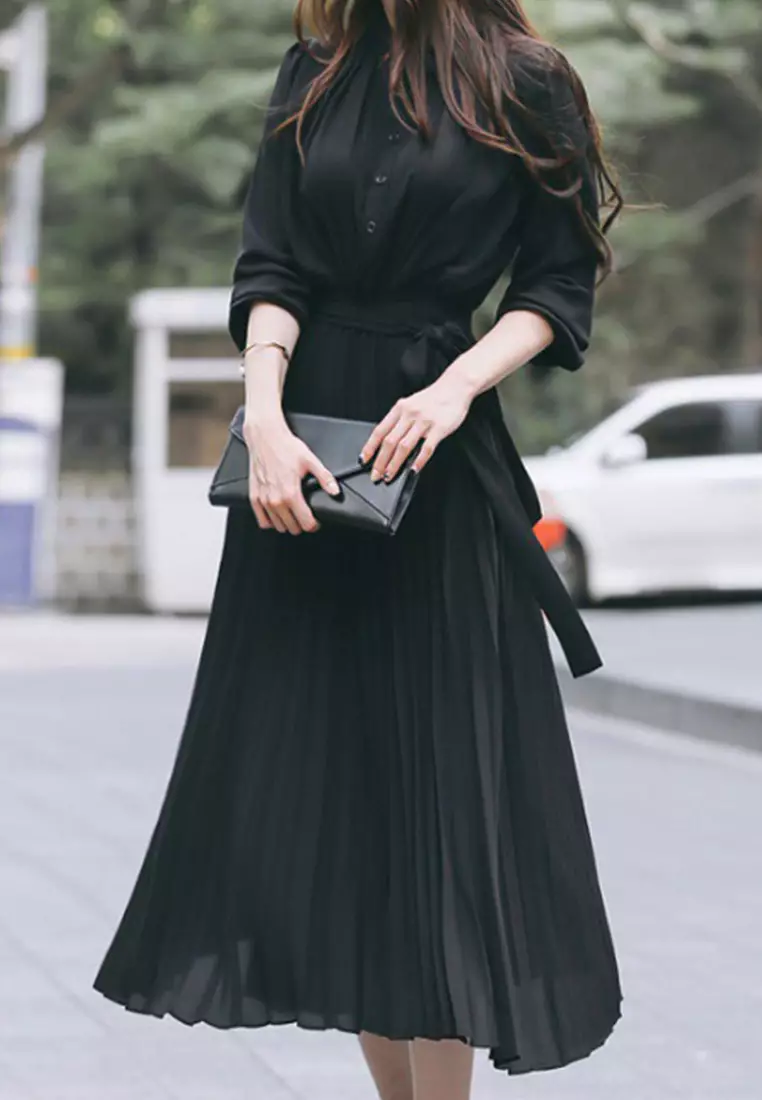 Chiffon long sleeved pleated dress CA24092744BW