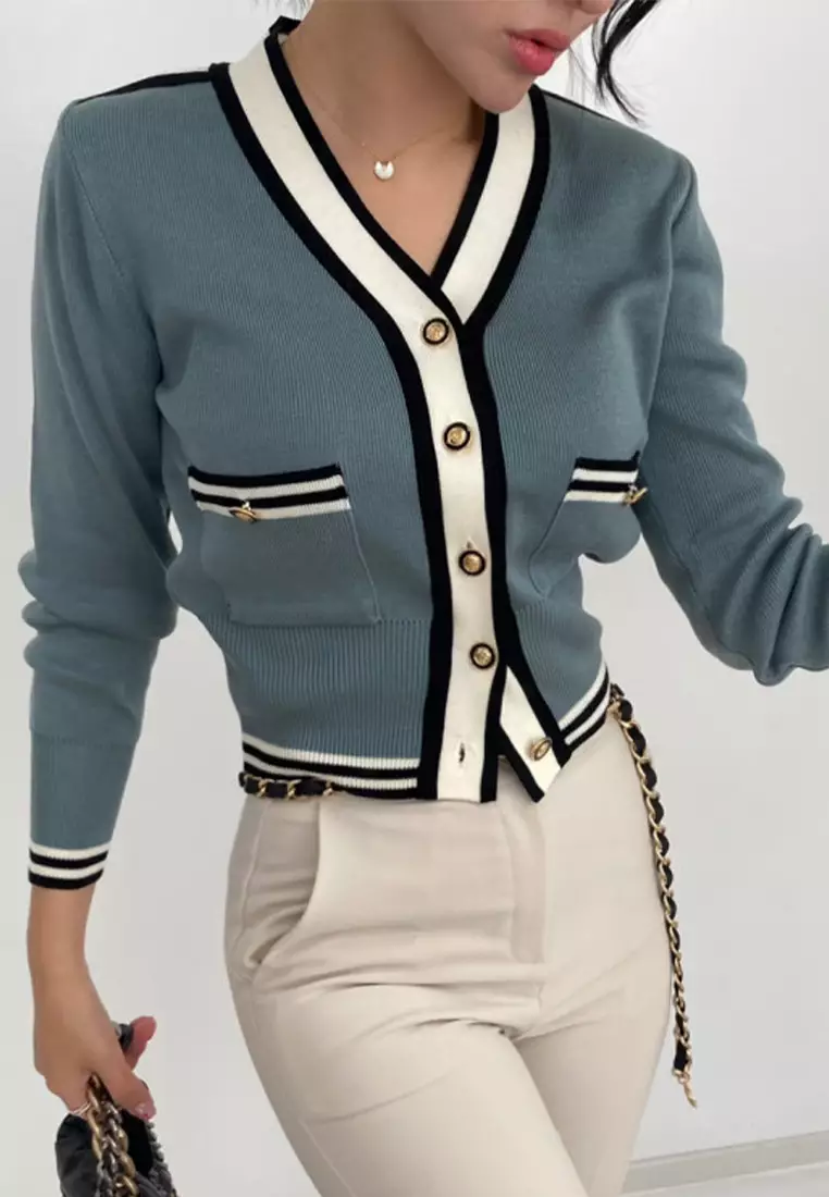 Vintage patchwork knitted cardigan sweater CA24092747BL