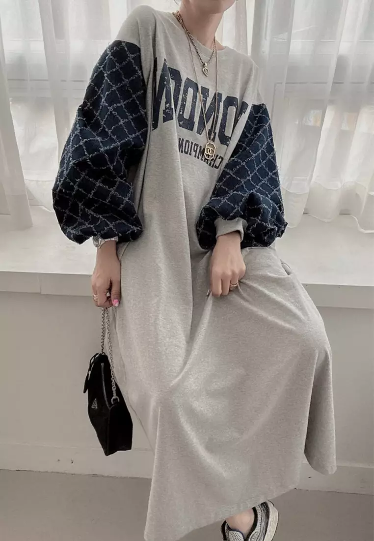 Spliced lantern sleeve printed loose dress CA24092508BK