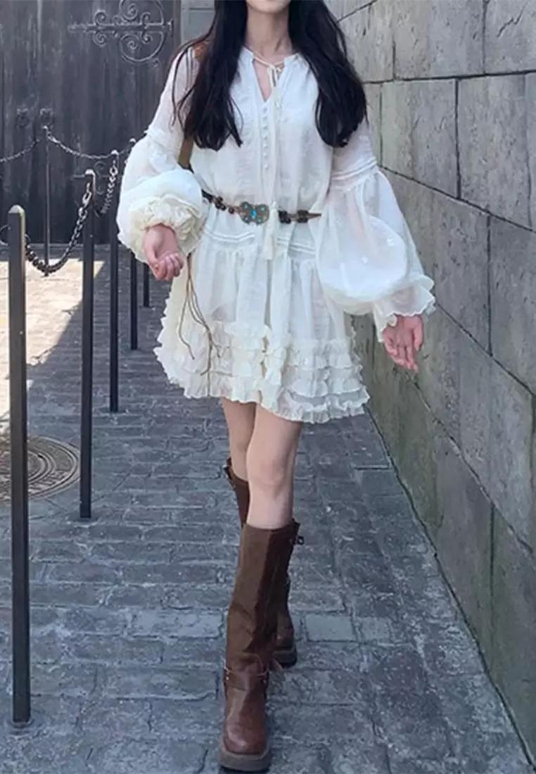 Temperament autumn long sleeved dress with belt included CA24092701W