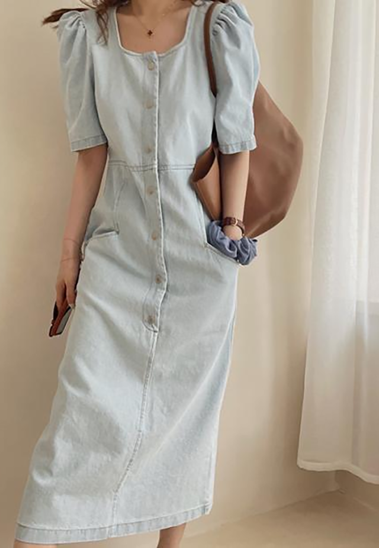 Vintage square neck single breasted long denim dress CA25021319DBL