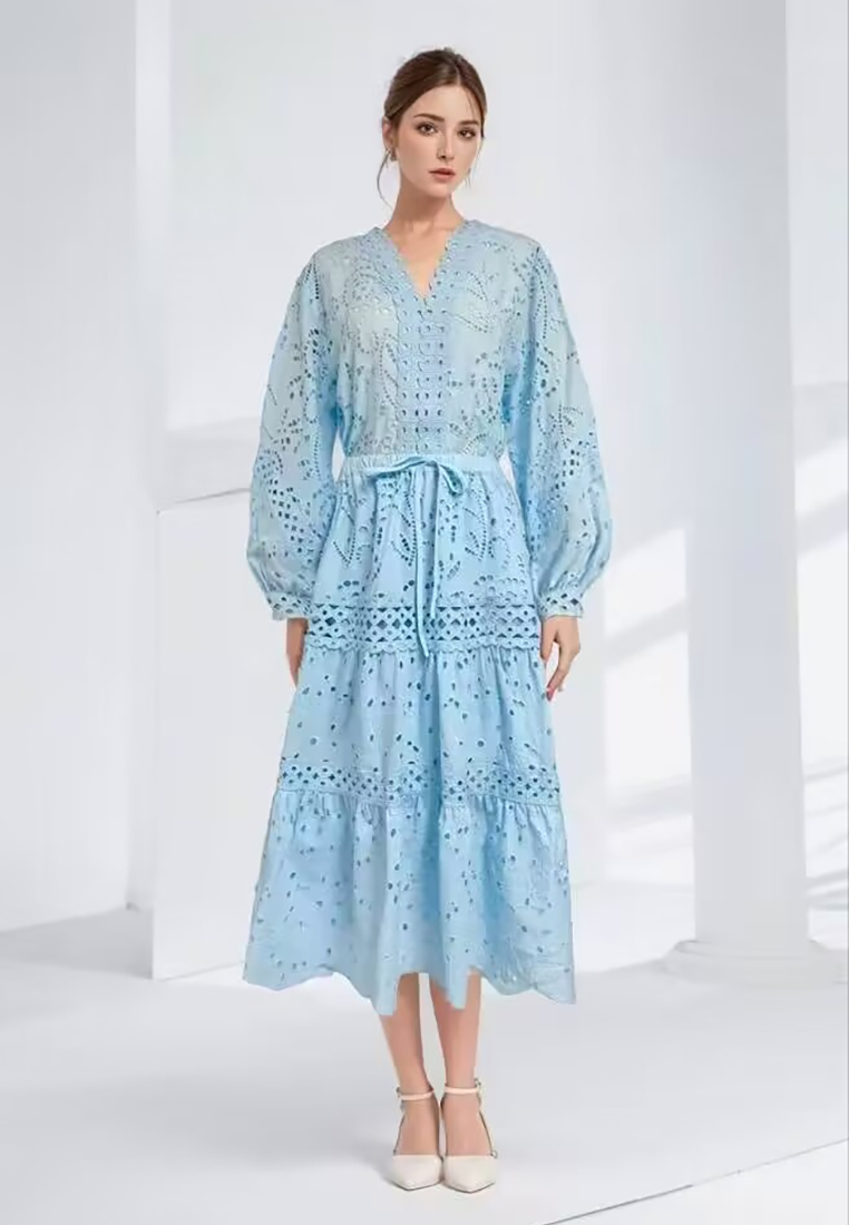 2024 Autumn V-neck Lantern Sleeve Top Slimming Long Dress Set CA24081611PI