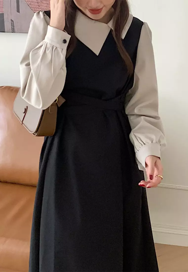 French retro contrasting lapel patchwork lace up dress CA24092715BW