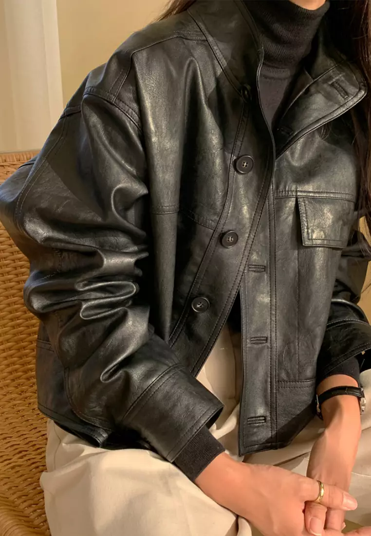 Single breasted loose leather jacket, casual cardigan jacket CA24092724BK