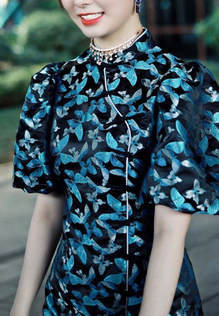 Elegant satin butterfly print puff sleeve cheongsam dress CA122712