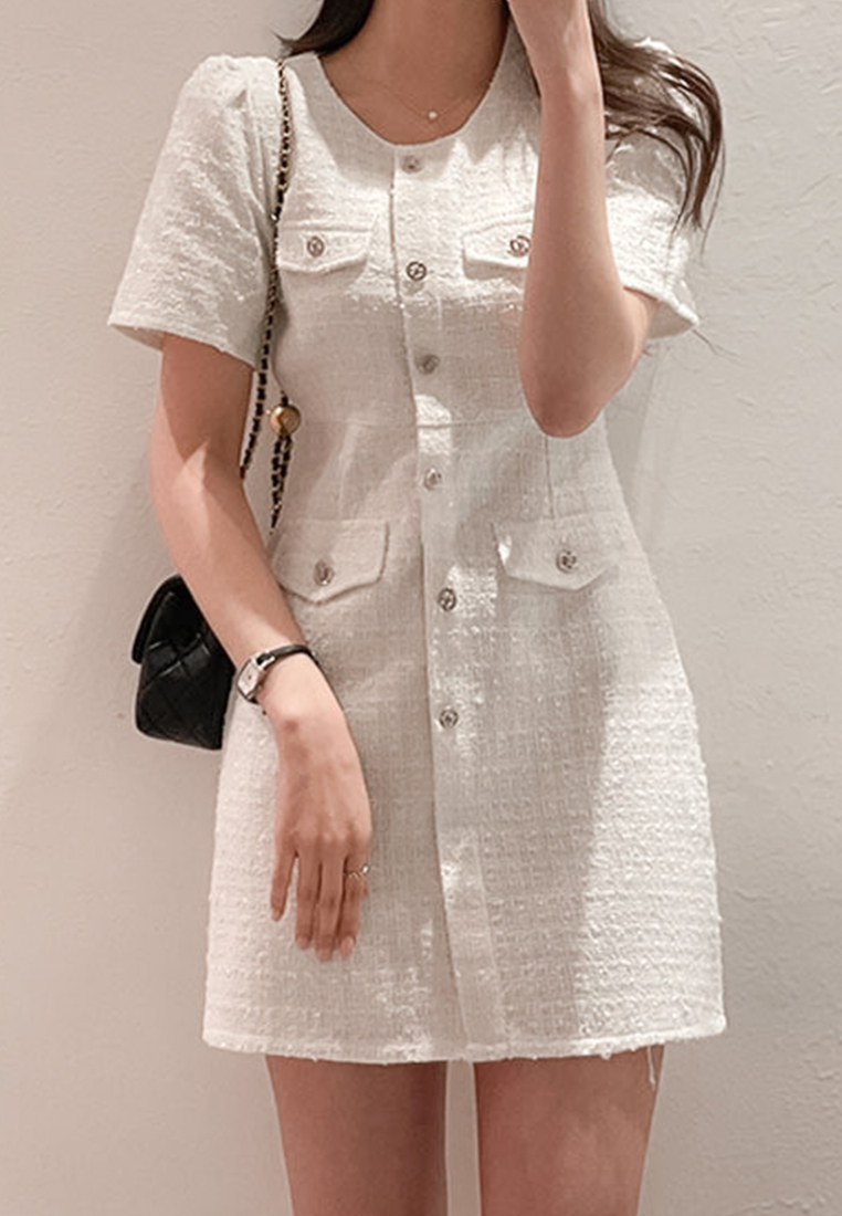 Temperament round neck slim button dress CA25032729W