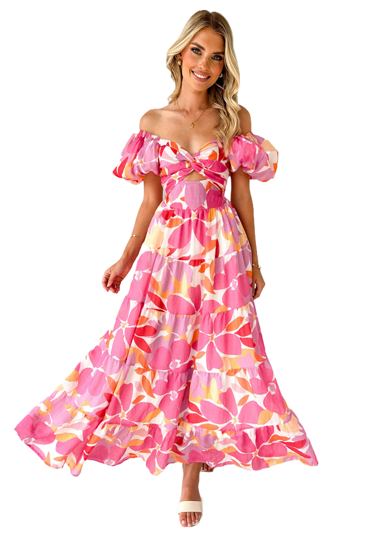 Summer casual printed waist cinched bubble sleeve dress CA25042266GR