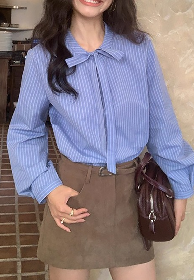 Blue bow striped long-sleeved top CA25091932BL