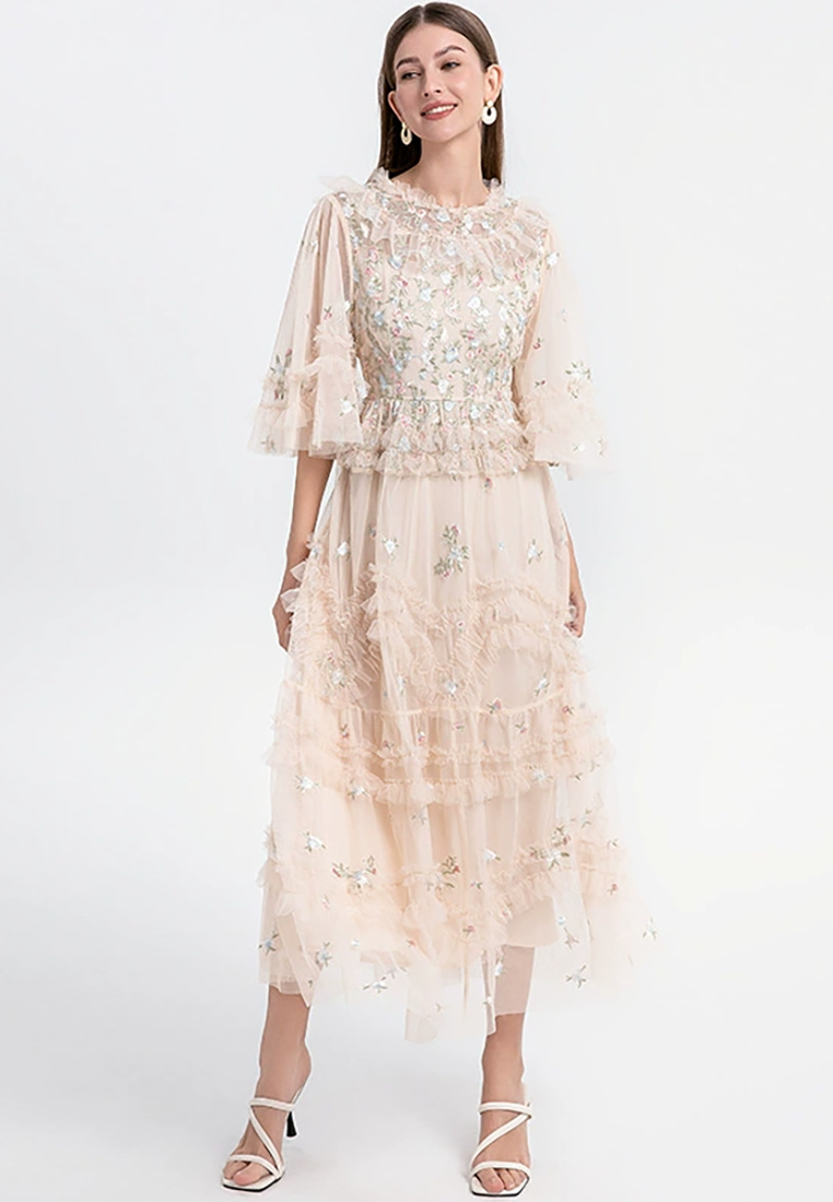 2025 French embroidered flower mesh pleated tulle skirt CA25021337