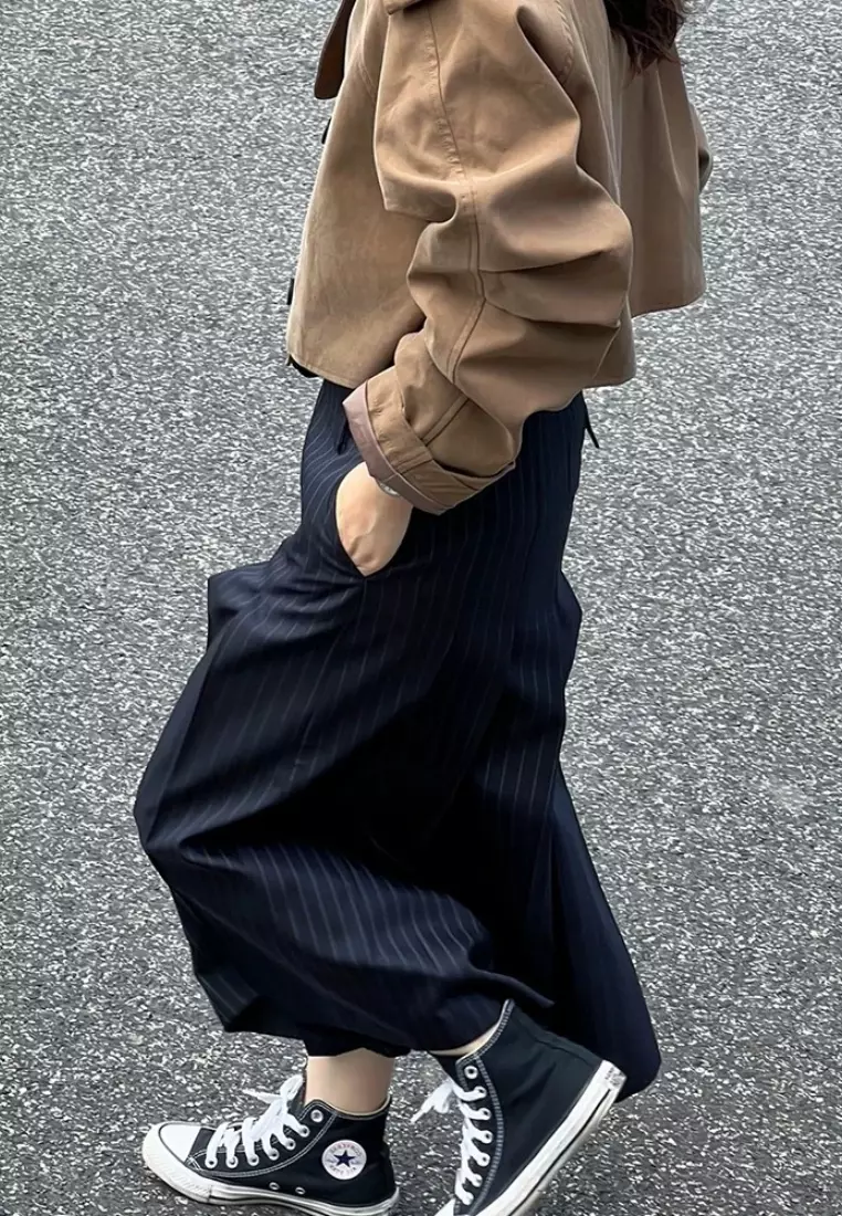 Temperament new striped skirt high waist retro A-line mid-length skirt K112504