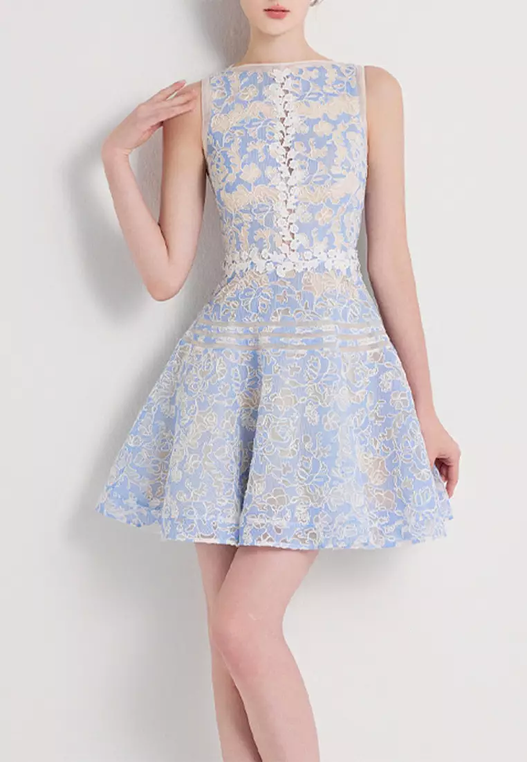 Elegant slim fit embroidered lace dress CA24102520BL