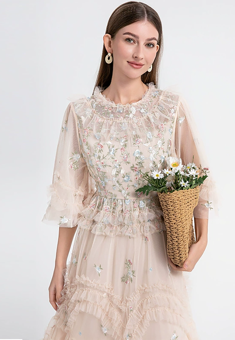 2025 French embroidered flower mesh pleated tulle skirt CA25021337