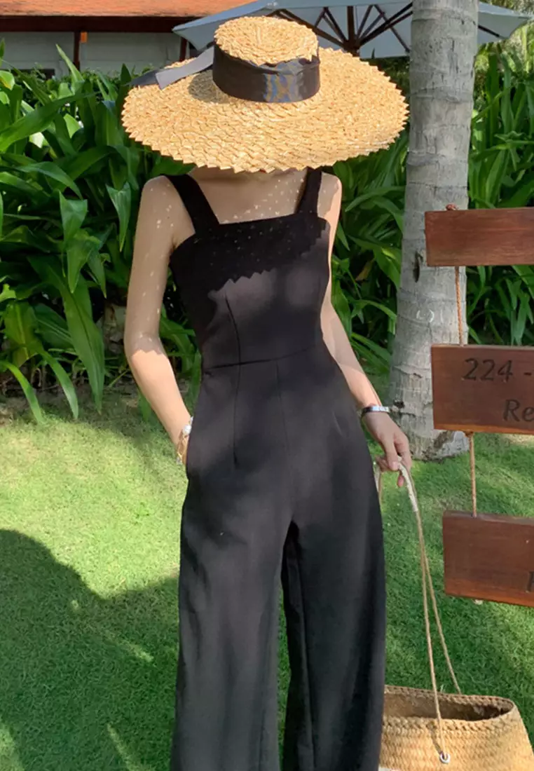 Black High Waist Open Back Wide Leg Jumpsuit A22022509