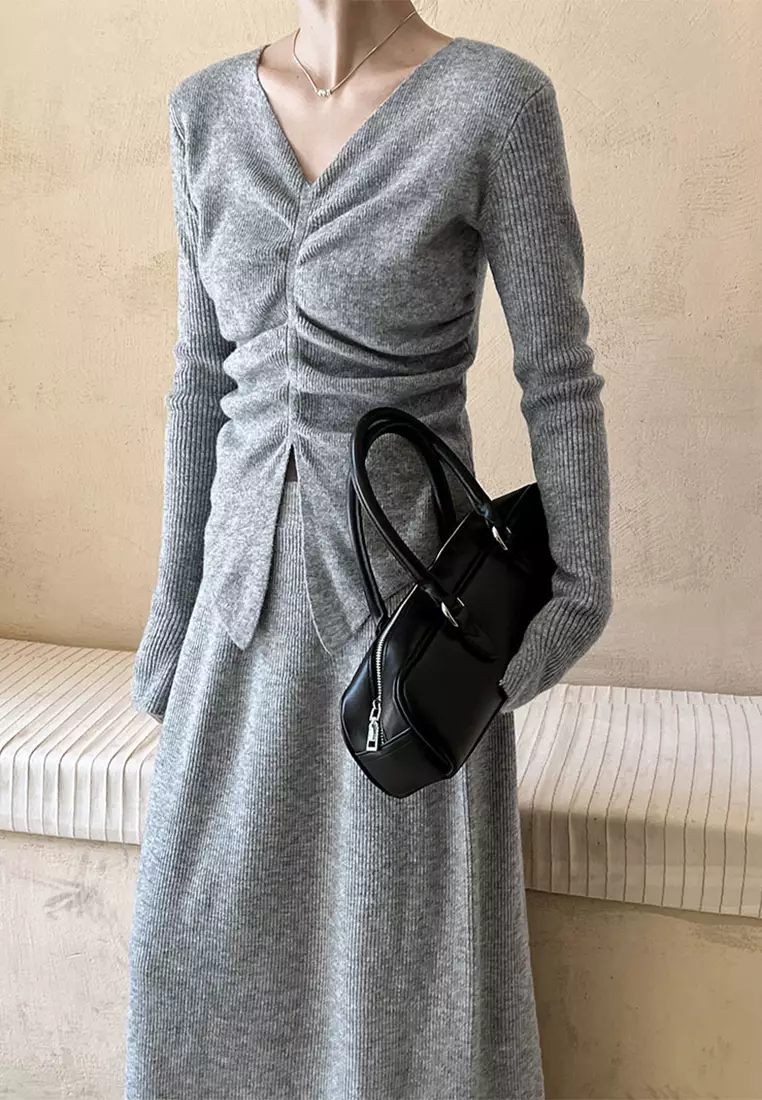 New slim fit pleated top knitted skirt set CA24092353BK