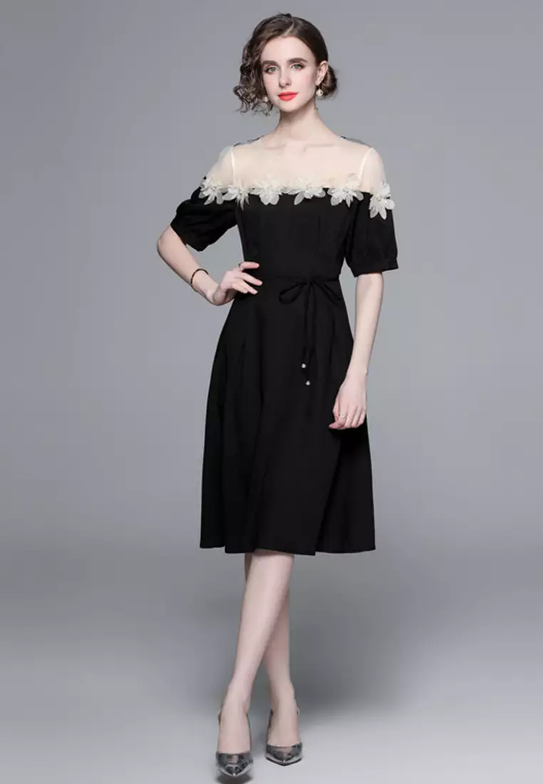 Advanced French Hepburn style applique large swing dress CA1005105