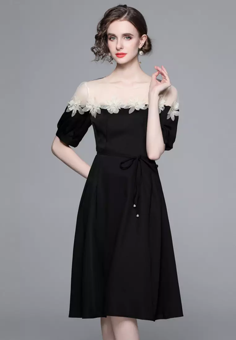 Advanced French Hepburn style applique large swing dress CA1005105