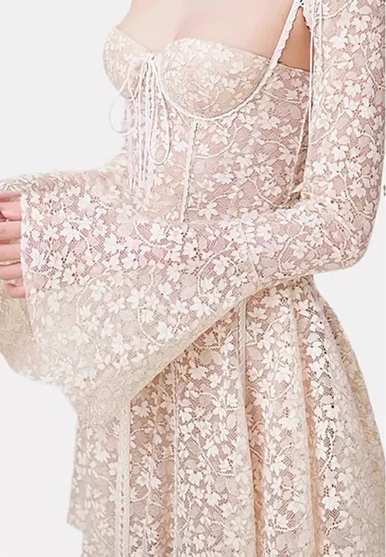 Autumn lace low neck long sleeved dress CA24102529W