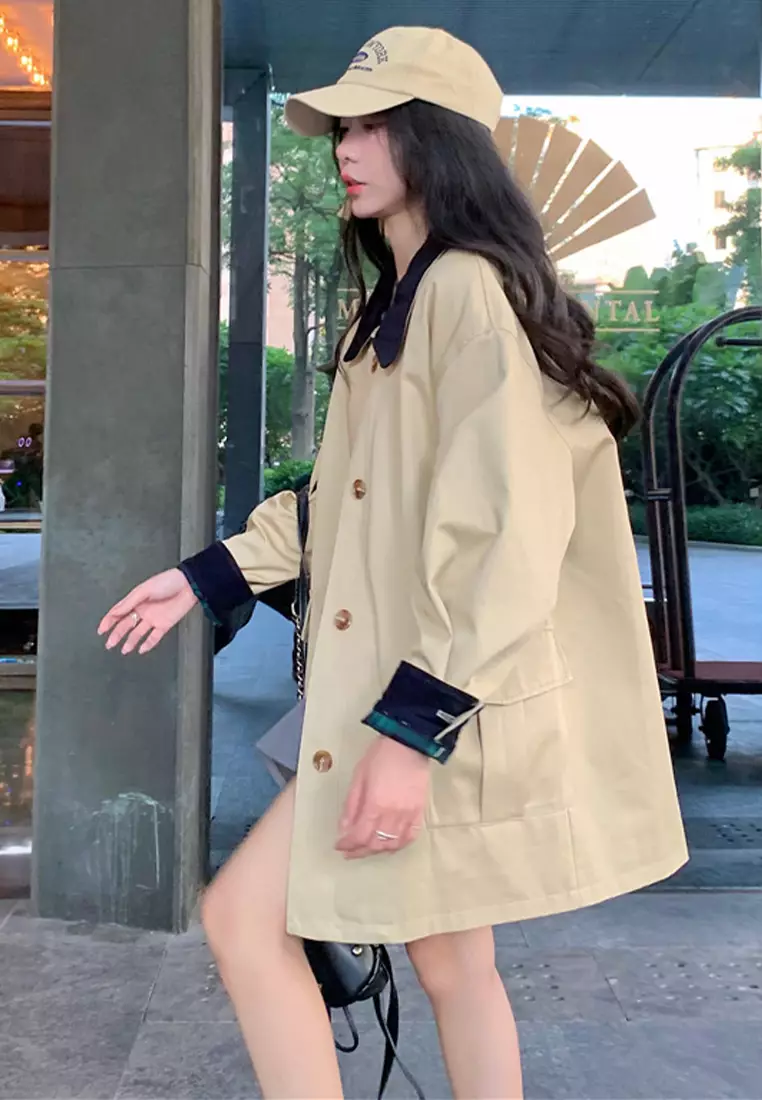 Color blocking versatile long casual windbreaker jacket CA24092323BL