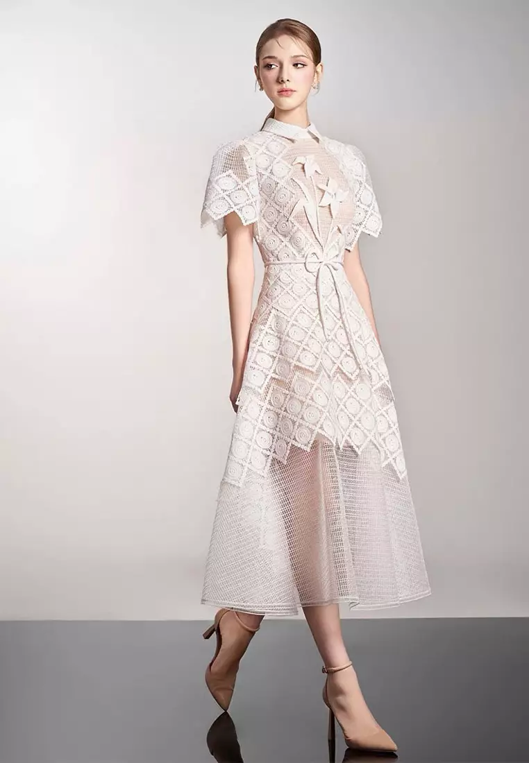 Embroidered elegant lace waist cinching dress CA24102515PI