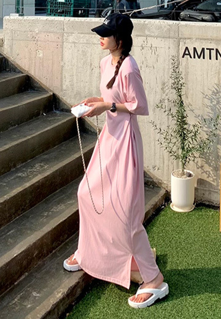 New casual round neck solid color short sleeved dress CA25032743PI